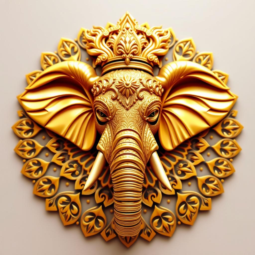 Un emblema que representa un reino indio, centrado en una cabeza de elefante magníficamente adornada con detalles de oro brillante