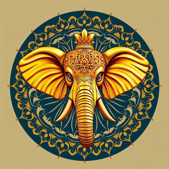 Un emblema que representa un reino indio, centrado en una cabeza de elefante magníficamente adornada con detalles de oro brillante