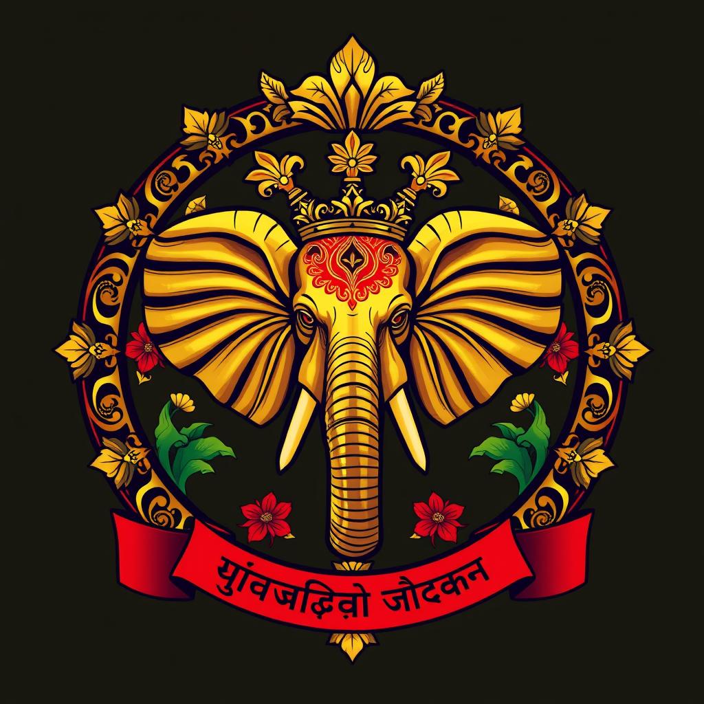 Un escudo familiar que representa un reino indio, destacado por una cabeza de elefante en el centro, adornada lujosamente con detalles de oro brillante