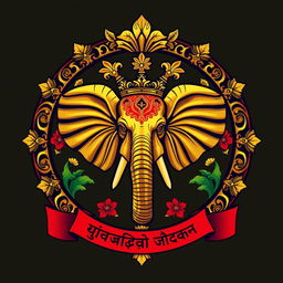 Un escudo familiar que representa un reino indio, destacado por una cabeza de elefante en el centro, adornada lujosamente con detalles de oro brillante