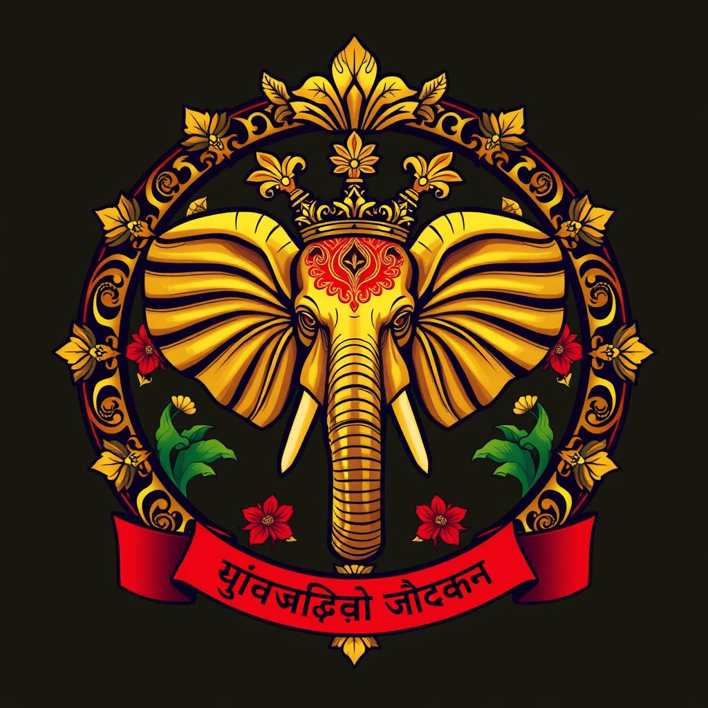 Un escudo familiar que representa un reino indio, destacado por una cabeza de elefante en el centro, adornada lujosamente con detalles de oro brillante