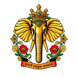 Un escudo familiar que representa un reino indio, destacado por una cabeza de elefante en el centro, adornada lujosamente con detalles de oro brillante