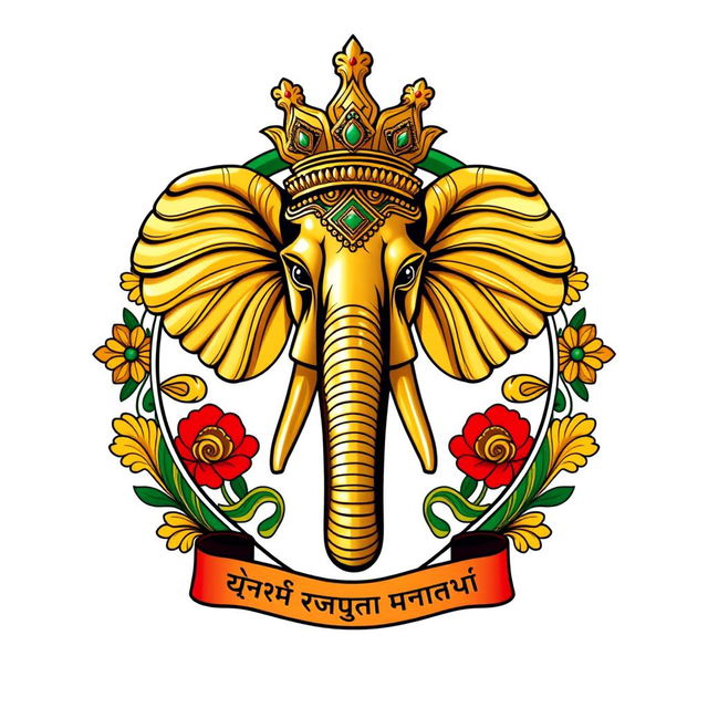 Un escudo familiar que representa un reino indio, destacado por una cabeza de elefante en el centro, adornada lujosamente con detalles de oro brillante