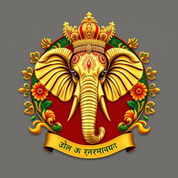 Un escudo familiar que representa un reino indio, destacado por una cabeza de elefante en el centro, adornada lujosamente con detalles de oro brillante