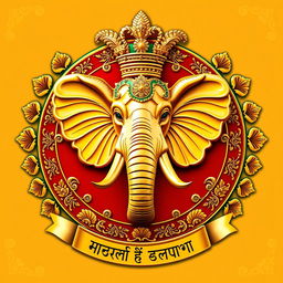 Un escudo familiar que representa un reino indio, destacado por una cabeza de elefante en el centro, adornada lujosamente con detalles de oro brillante