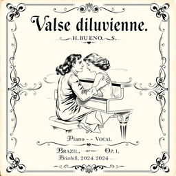 A beautifully crafted vintage black and white sheet music cover for a piano and vocal composition