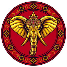 Un escudo heráldico que representa un reino indio, destacando una majestuosa cabeza de elefante en el centro, ricamente adornada con detalles de oro brillante