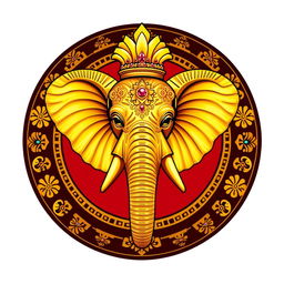 Un escudo heráldico que representa un reino indio, destacando una majestuosa cabeza de elefante en el centro, ricamente adornada con detalles de oro brillante