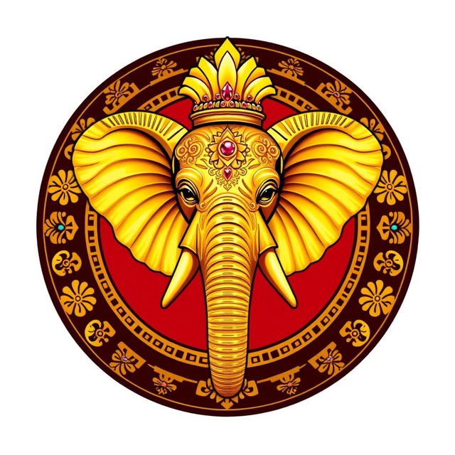 Un escudo heráldico que representa un reino indio, destacando una majestuosa cabeza de elefante en el centro, ricamente adornada con detalles de oro brillante