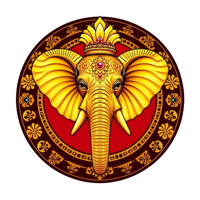 Un escudo heráldico que representa un reino indio, destacando una majestuosa cabeza de elefante en el centro, ricamente adornada con detalles de oro brillante