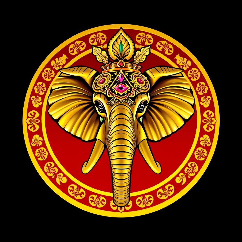 Un escudo heráldico que representa un reino indio, destacando una majestuosa cabeza de elefante en el centro, ricamente adornada con detalles de oro brillante