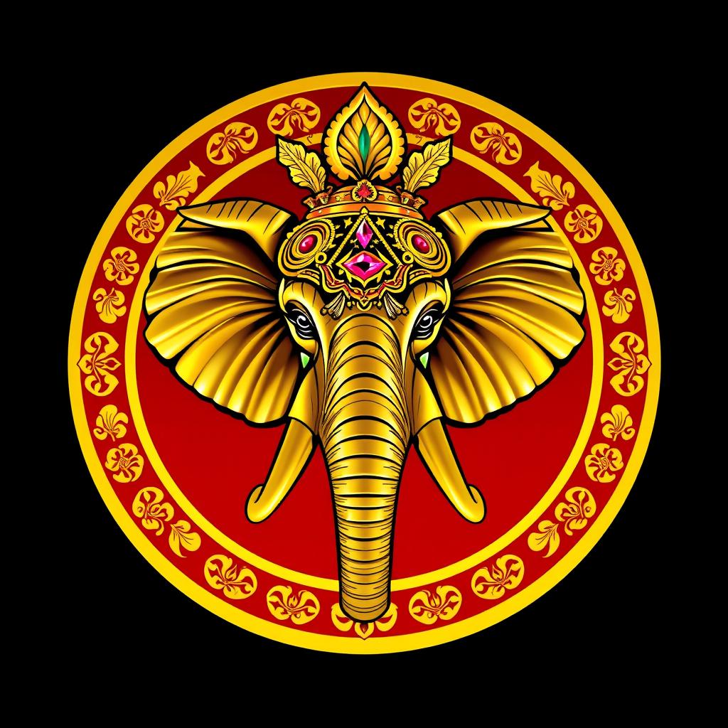 Un escudo heráldico que representa un reino indio, destacando una majestuosa cabeza de elefante en el centro, ricamente adornada con detalles de oro brillante