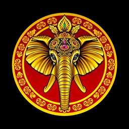 Un escudo heráldico que representa un reino indio, destacando una majestuosa cabeza de elefante en el centro, ricamente adornada con detalles de oro brillante