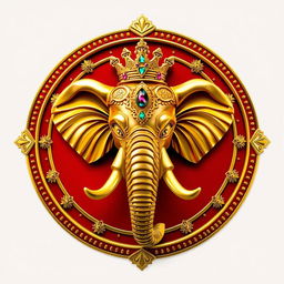 Un escudo heráldico que representa un reino indio, destacando una majestuosa cabeza de elefante en el centro, ricamente adornada con detalles de oro brillante