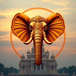 Un emblema que representa un reino indio, destacando una impresionante cabeza de elefante adornada con brillantes detalles de oro