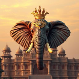 Un emblema que representa un reino indio, destacando una impresionante cabeza de elefante adornada con brillantes detalles de oro
