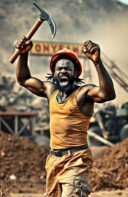 A furiously angry black miner dressed in shorts and a singlet wearing a miner's helmet, energetically raising a pickaxe in protest