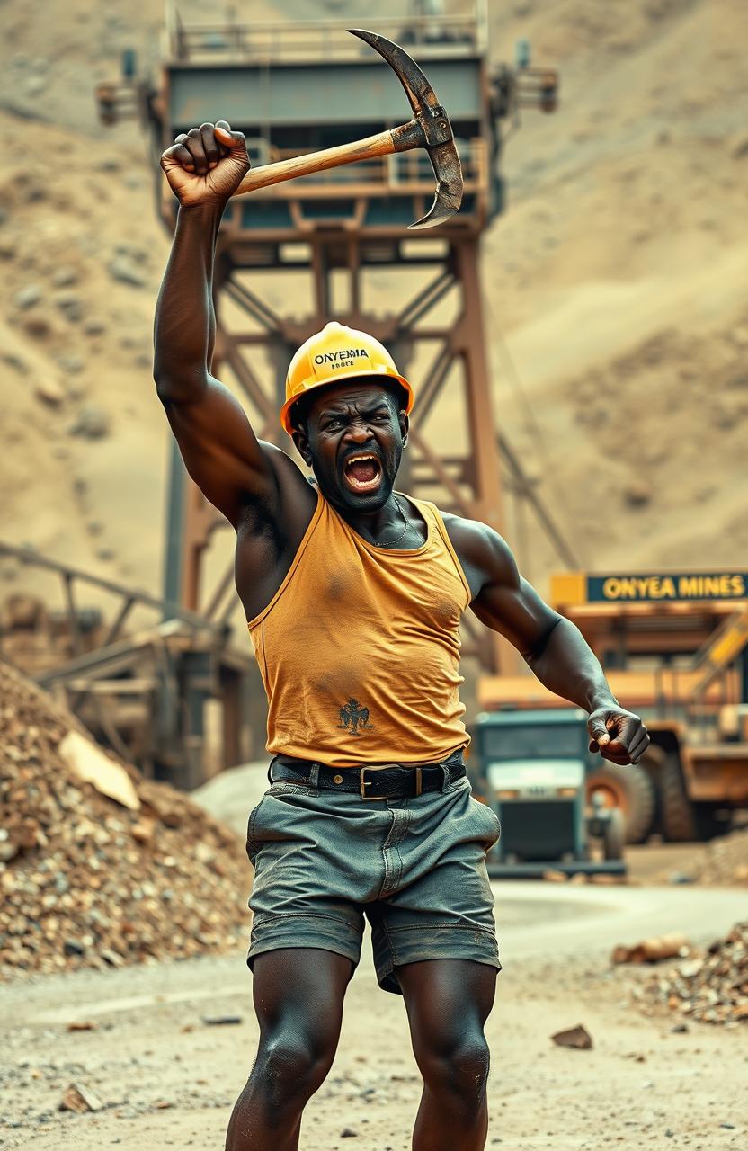 A furiously angry black miner dressed in shorts and a singlet wearing a miner's helmet, energetically raising a pickaxe in protest