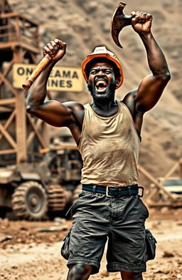 A furiously angry black miner dressed in shorts and a singlet wearing a miner's helmet, energetically raising a pickaxe in protest