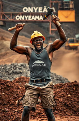A furiously angry black miner dressed in shorts and a singlet wearing a miner's helmet, energetically raising a pickaxe in protest