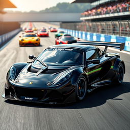 A striking 1993 Lotus Elise GT1 widebody in a sleek black finish, capturing the essence of motorsport elegance and performance