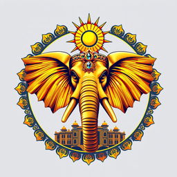 Un emblema majestuoso que representa la grandeza de un imperio indio, destacando una impresionante cabeza de elefante en el centro, adornada con elementos de oro resplandeciente