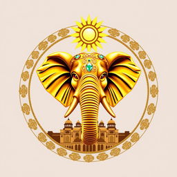 Un emblema majestuoso que representa la grandeza de un imperio indio, destacando una impresionante cabeza de elefante en el centro, adornada con elementos de oro resplandeciente