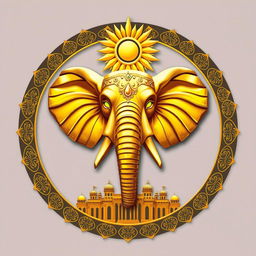 Un emblema majestuoso que representa la grandeza de un imperio indio, destacando una impresionante cabeza de elefante en el centro, adornada con elementos de oro resplandeciente
