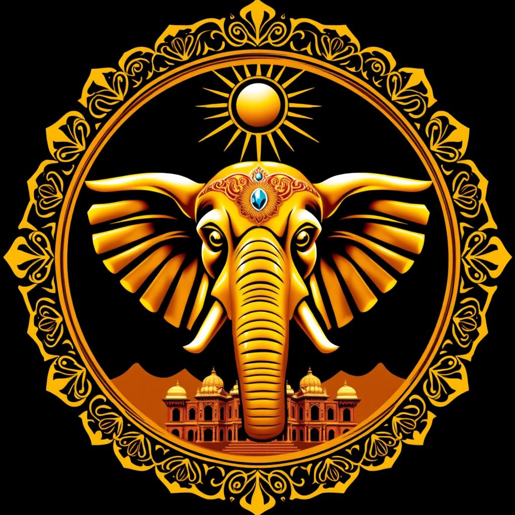 Un emblema majestuoso que representa la grandeza de un imperio indio, destacando una impresionante cabeza de elefante en el centro, adornada con elementos de oro resplandeciente