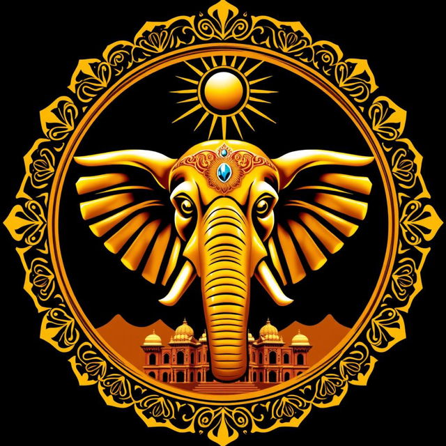 Un emblema majestuoso que representa la grandeza de un imperio indio, destacando una impresionante cabeza de elefante en el centro, adornada con elementos de oro resplandeciente