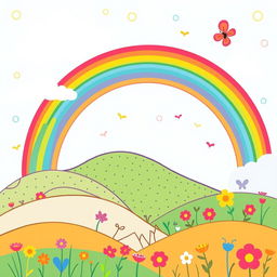 A whimsical and colorful background for a children's book cover featuring playful line elements and a cheerful landscape