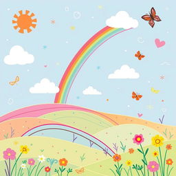 A whimsical and colorful background for a children's book cover featuring playful line elements and a cheerful landscape