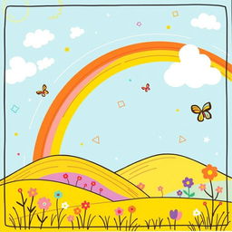 A whimsical and colorful background for a children's book cover featuring playful line elements and a cheerful landscape