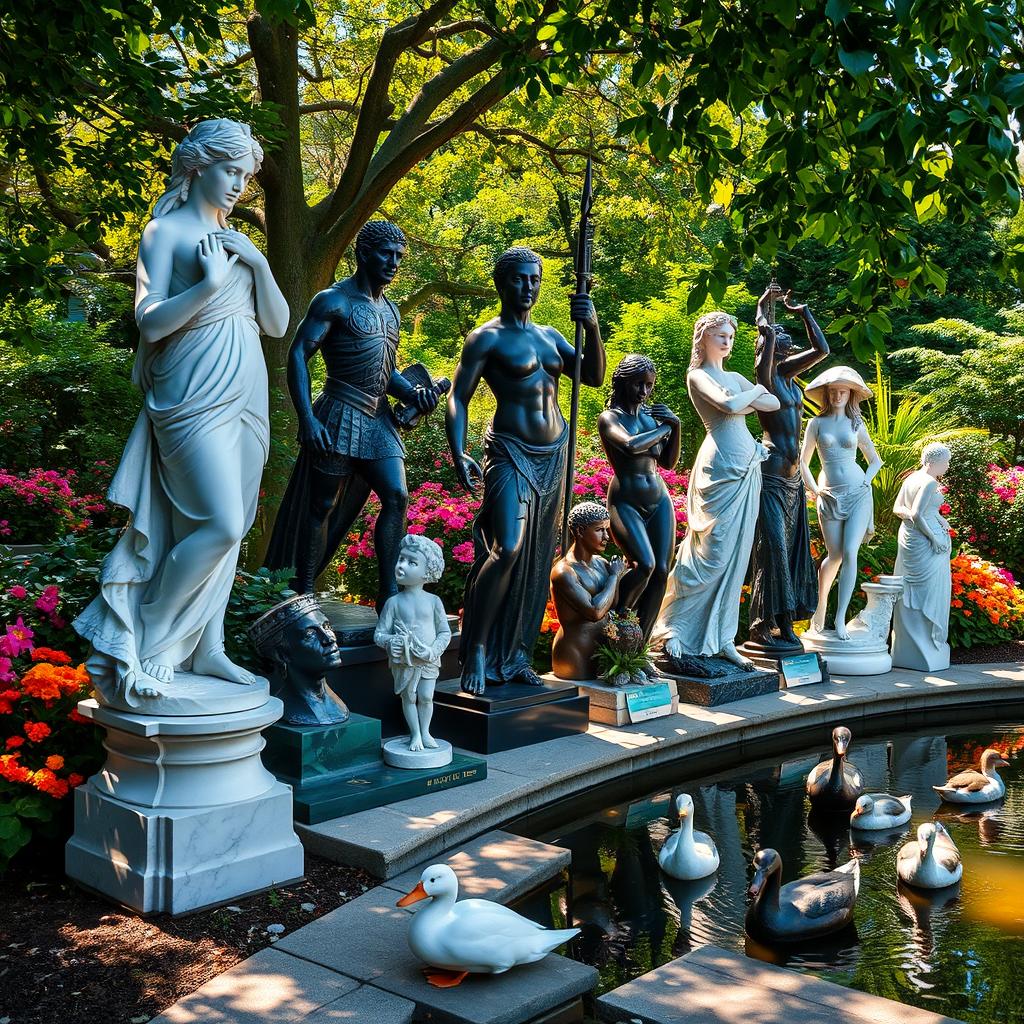 A stunning collection of varied statues displayed in an outdoor garden setting
