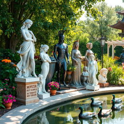 A stunning collection of varied statues displayed in an outdoor garden setting