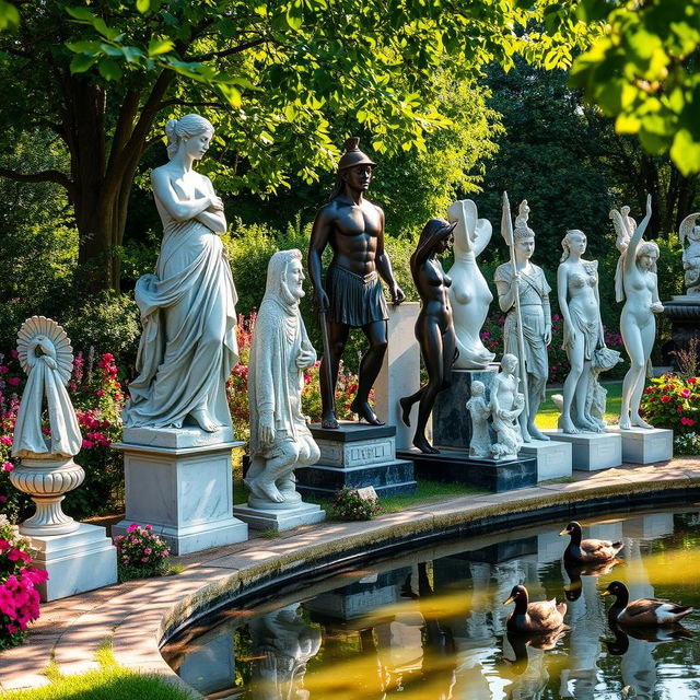 A stunning collection of varied statues displayed in an outdoor garden setting