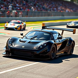 A striking 1993 Lotus Elise GT1 widebody race car in a sleek black finish with a long tail design, showcasing its aerodynamic prowess