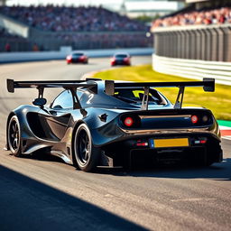 A striking 1993 Lotus Elise GT1 widebody race car in a sleek black finish with a long tail design, showcasing its aerodynamic prowess