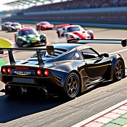 A striking 1993 Lotus Elise GT1 widebody race car in a sleek black finish with a long tail design, showcasing its aerodynamic prowess