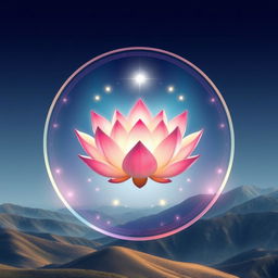 Un emblema celestial que representa un reino religioso indio, destacando una flor de loto flotante en el centro, rodeada de una suave luz iridiscente en una variedad de colores que simbolizan la espiritualidad y el despertar