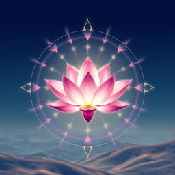 Un emblema celestial que representa un reino religioso indio, destacando una flor de loto flotante en el centro, rodeada de una suave luz iridiscente en una variedad de colores que simbolizan la espiritualidad y el despertar
