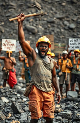 A furiously angry black miner in shorts, wearing a singlet and a miner's helmet, raising a pick in protest at the Onyeama mines