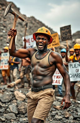 A furiously angry black miner in shorts, wearing a singlet and a miner's helmet, raising a pick in protest at the Onyeama mines