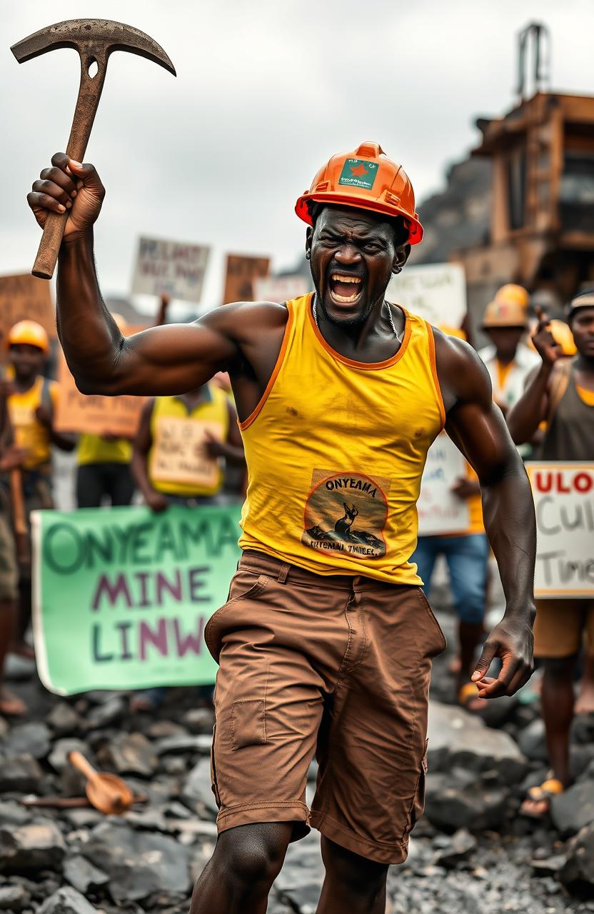 A furiously angry black miner in shorts, wearing a singlet and a miner's helmet, raising a pick in protest at the Onyeama mines