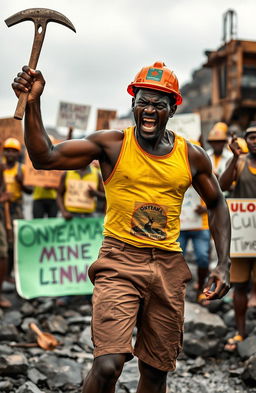 A furiously angry black miner in shorts, wearing a singlet and a miner's helmet, raising a pick in protest at the Onyeama mines