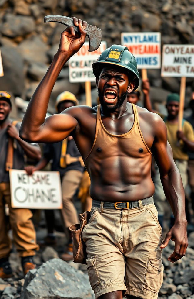 A furiously angry black miner in shorts, wearing a singlet and a miner's helmet, raising a pick in protest at the Onyeama mines