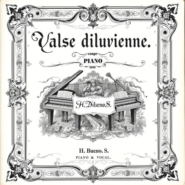 An exquisite vintage black and white sheet music cover for a piano and vocal composition titled 'Valse diluvienne', which is elegantly featured at the top in a classic, ornate font