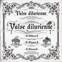 An exquisite vintage black and white sheet music cover for a piano and vocal composition titled 'Valse diluvienne', which is elegantly featured at the top in a classic, ornate font