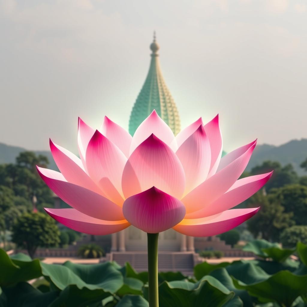 Un emblema sagrado que representa un reino religioso indio, destacando una hermosa flor de loto flotante en el centro, iluminada por una suave luz multicolor que transmite espiritualidad y paz