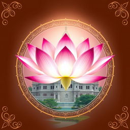 Un emblema sagrado que representa un reino religioso indio, destacando una hermosa flor de loto flotante en el centro, iluminada por una suave luz multicolor que transmite espiritualidad y paz